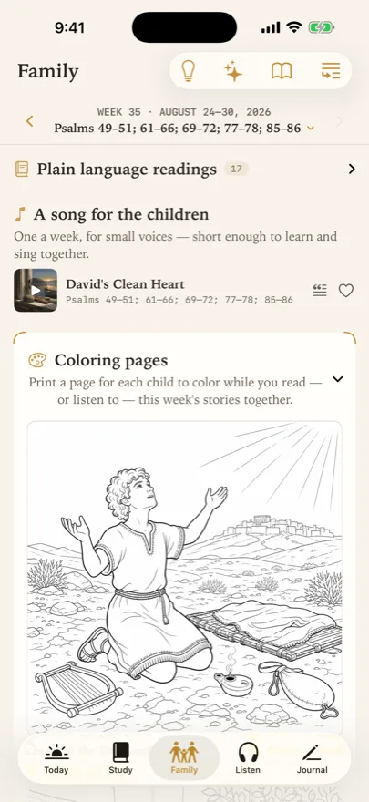 The Family screen showing a song for the children and a printable line-art coloring page of a scene from the week's reading.