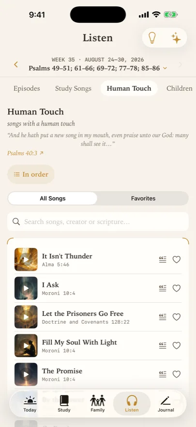 The Listen screen on the Human Touch lens, showing a list of songs written by people, each with its scripture reference and cover art.